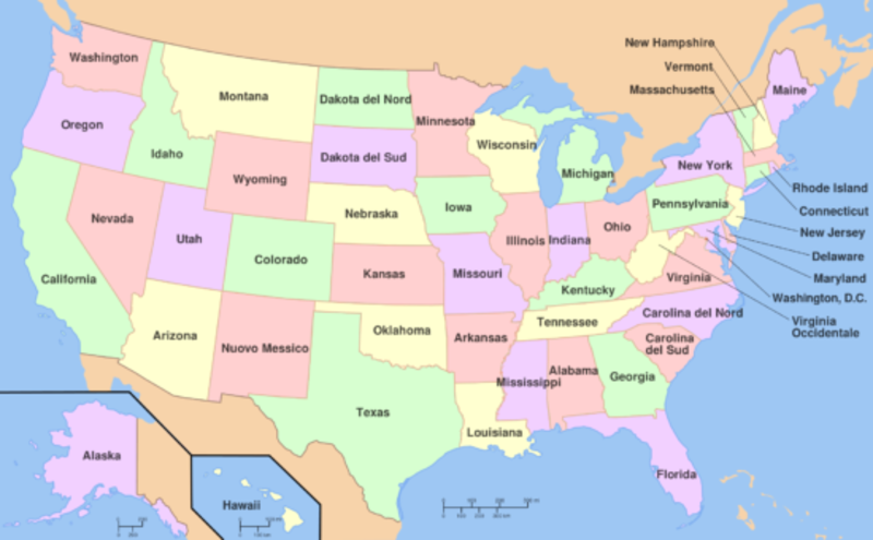 Mappa dei 50 Stati degli Stati Uniti d'America
